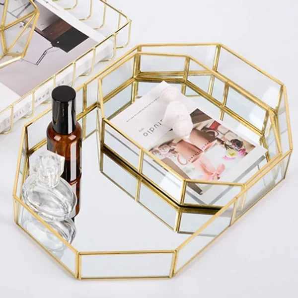 Storage Glass Storage Tray Home Kitchen Golden Tray Simple Jewelry Cosmetic Decoration Retro Copper Tea Storage Trays Y251129