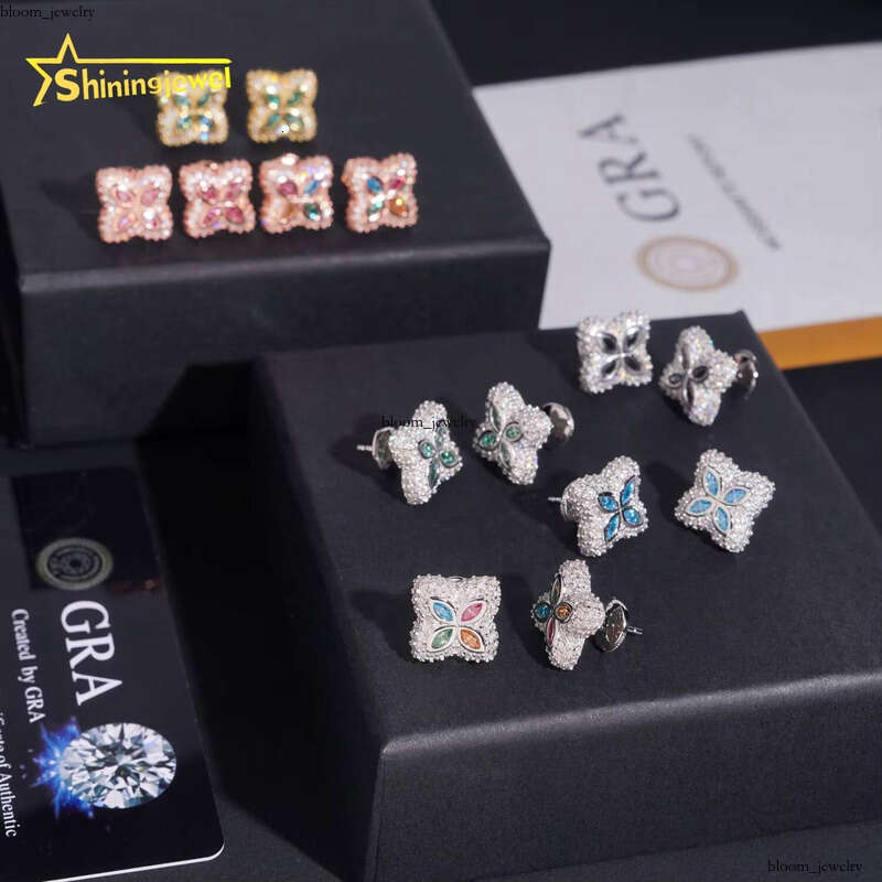New Arrival Custom Hip-Hop Men's Ice-Cold 925 Silver Clover Flower Multicolor Marquise 15MM Millimeter VVS Moissanite Earrings