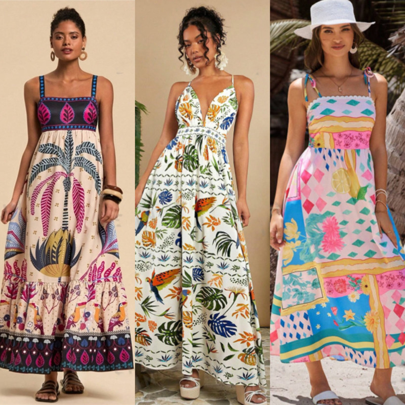 2025 New Casual Beach Dresses For Womens Bohemian Summer DressTropical Printed Leisure Resort Style Long Skirts