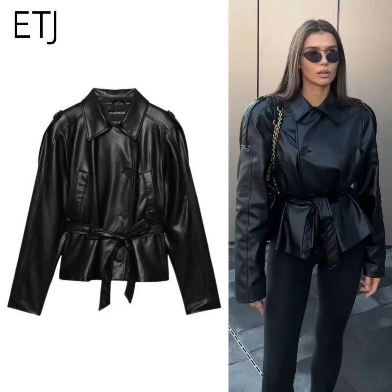 ETJ 2025 autumn womens fashion belt leather long sleeve short trench coat casual 251114
