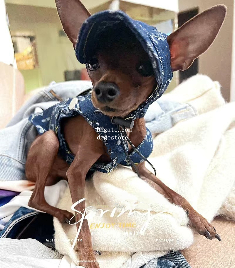 free shipping Designer ic Old Flower Pattern Dress, Dog Jeans Dress Vests with Hats Cool Denim T-shirt Puppy Vintage Washed Clothes for Small Dogs Blu