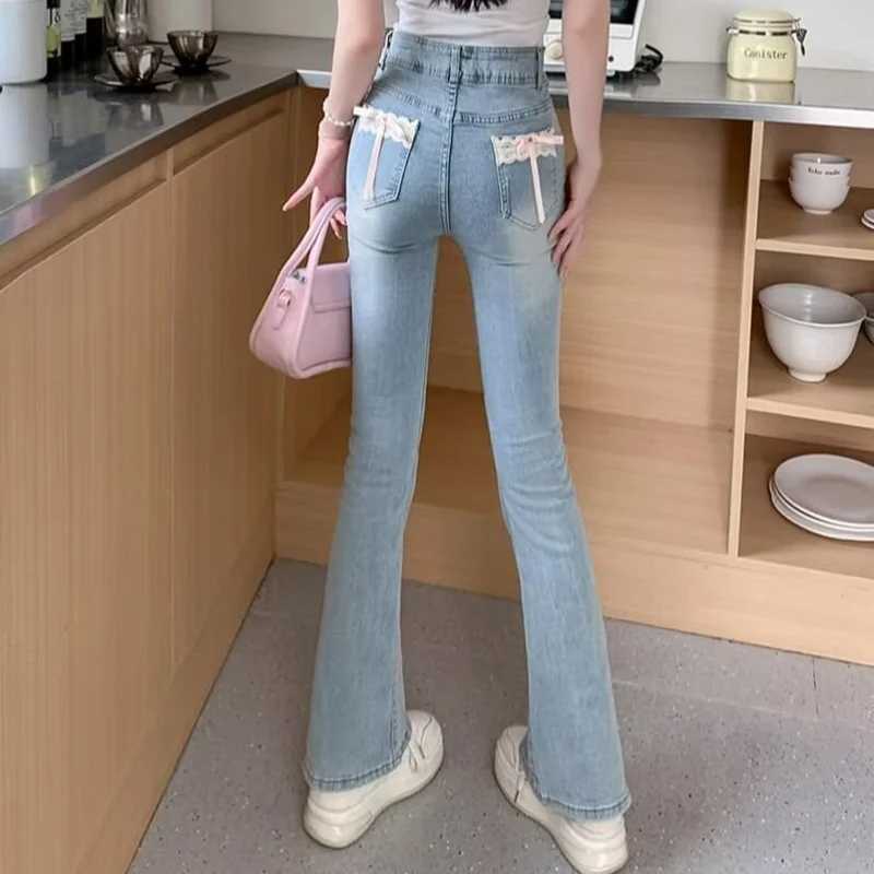 Woman Daily Vintage Blue Flare Jeans Female High Waist Stretch Bell Bottom Pants Kawaii Lace Bow Decoration Denim Trousers M260310