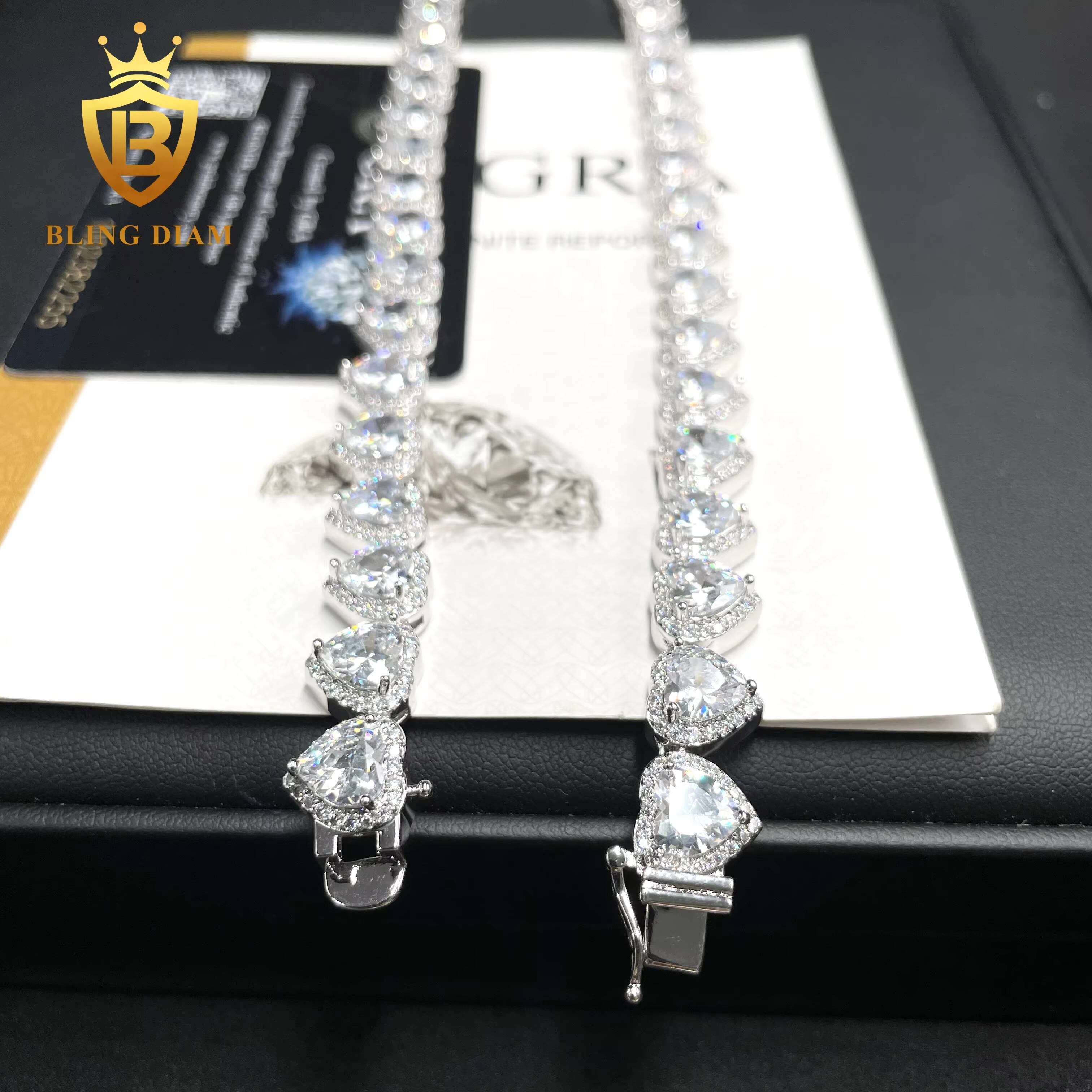 Fashion Jewelry Hip Hop Rapeer Heart Design Chain 10mm Iced Out Diamond Clustered Heart Cut Tennis Chain Necklace