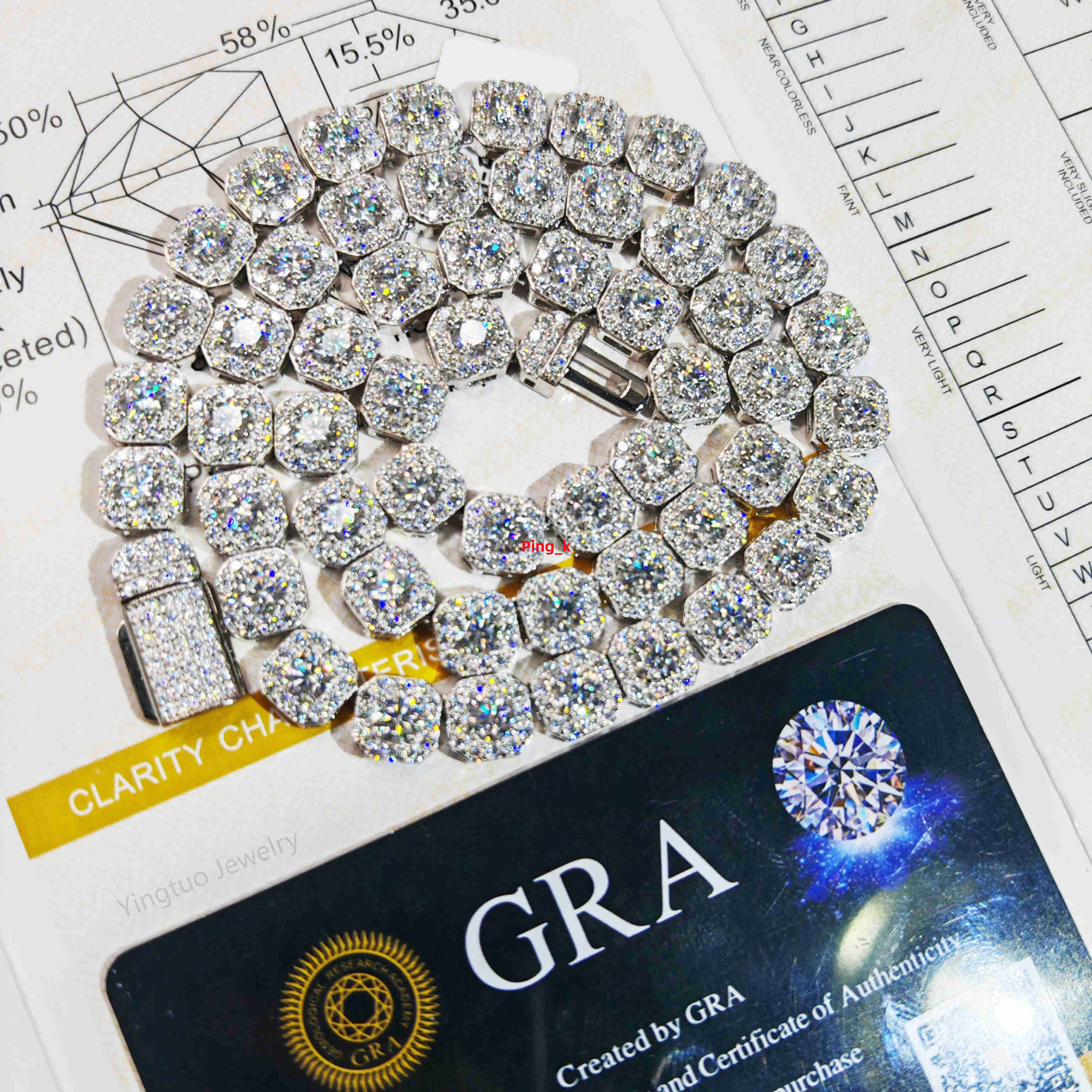 925 Silver Ice Cut D VVS Moissanite Tennis Chain Necklace Bracelet Hiphop Cuban Link Chain with GRA Certification