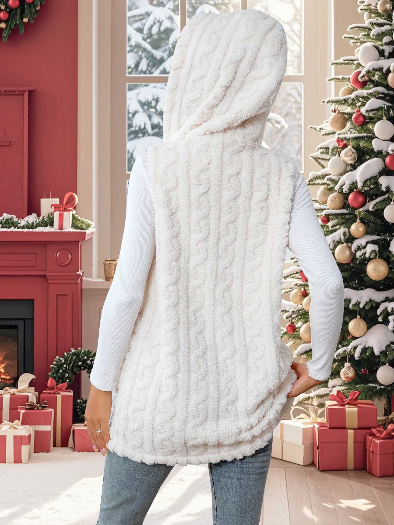 Womens plush sleeveless coat full front opening hooded collar with pockets warm and soft white colorT251129