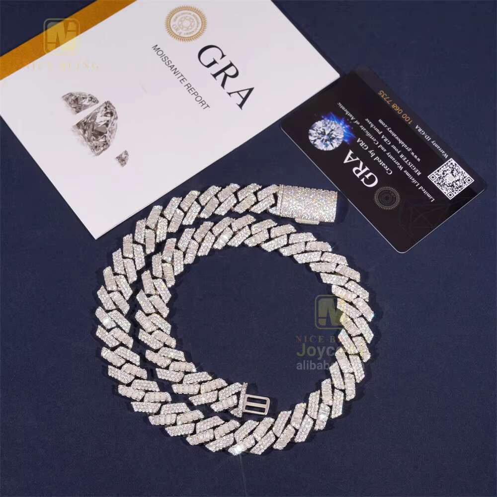 New Arrival Top Quality 15mm Two Rows Baguette Iced Out Moissanite Diamond Cuban Link Chain