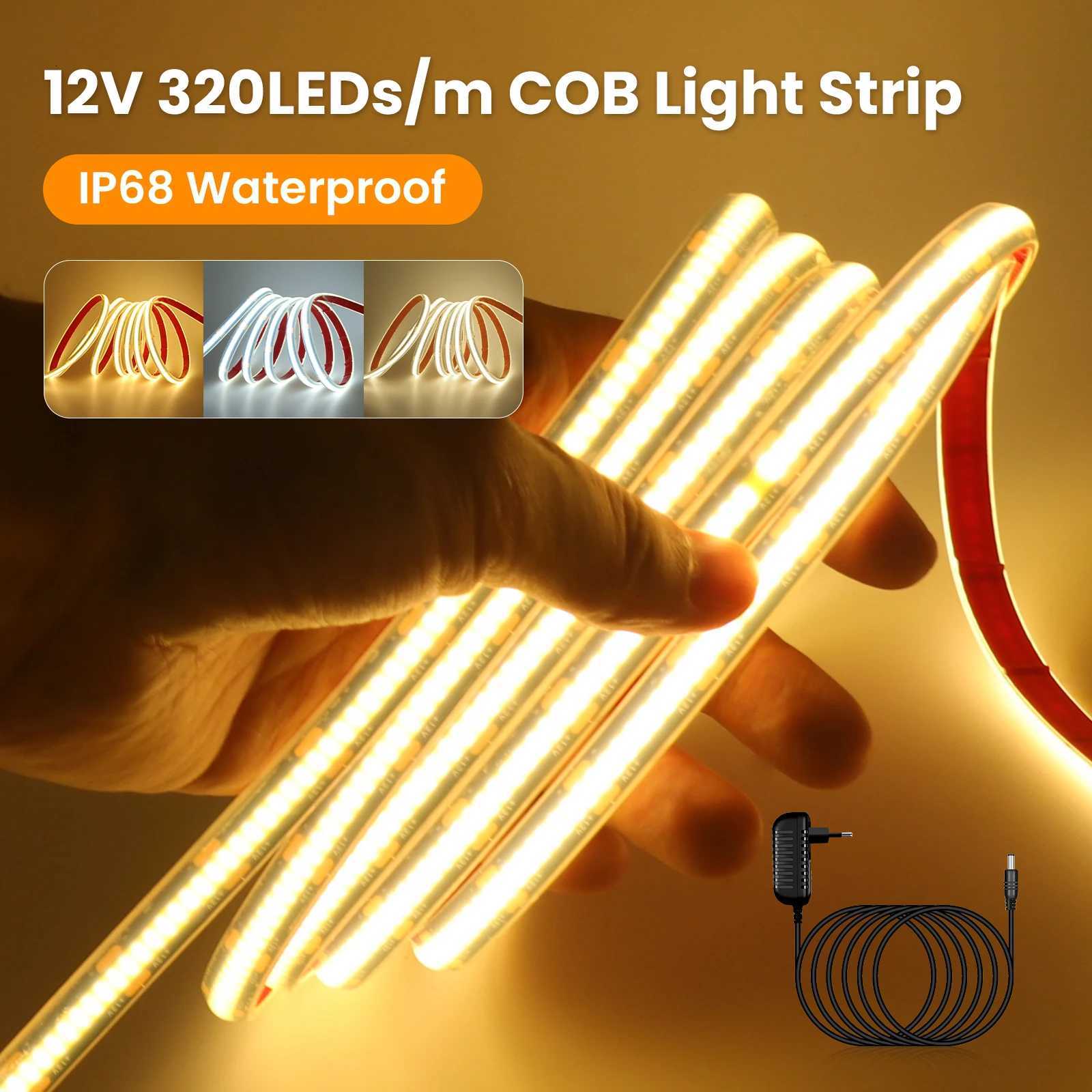 12V 24V COB LED Strip Light 320LEDs/m IP68 Waterproof Flexible Ribbon Tape for Home Garden Decor Lighting EU/US/UK Plug Kit M251129