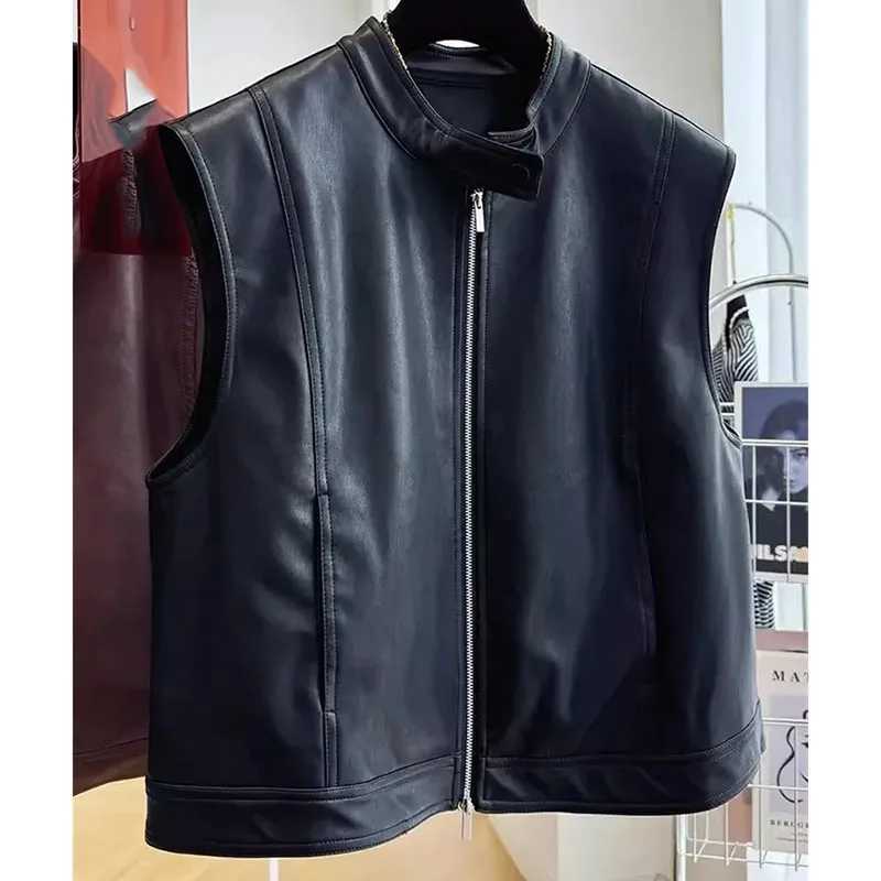 Spring Autumn Feminine Leather Waistcoat Jacket Women PU Leather Sleeveless Coat 2025 Ladies Stand Collar Faux Leather Vest TopsT251129