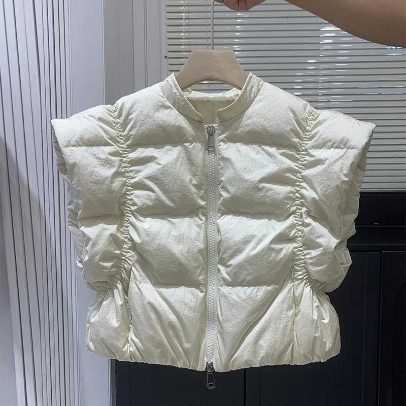 Korean waistcoat ultra-short down vest fashion thickened sleeveless down jacket personality pleats outerwears warm waistcoatT251129