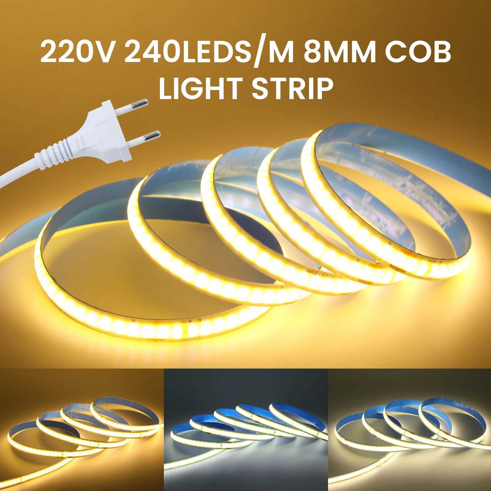 AC 110V 220V COB Strip With EU/US Plug 240Leds/M 5M 10M 15M 20M 3000K 4000K 6000K IP20 Flexible Ribbon LED Light For Home Decor M251129