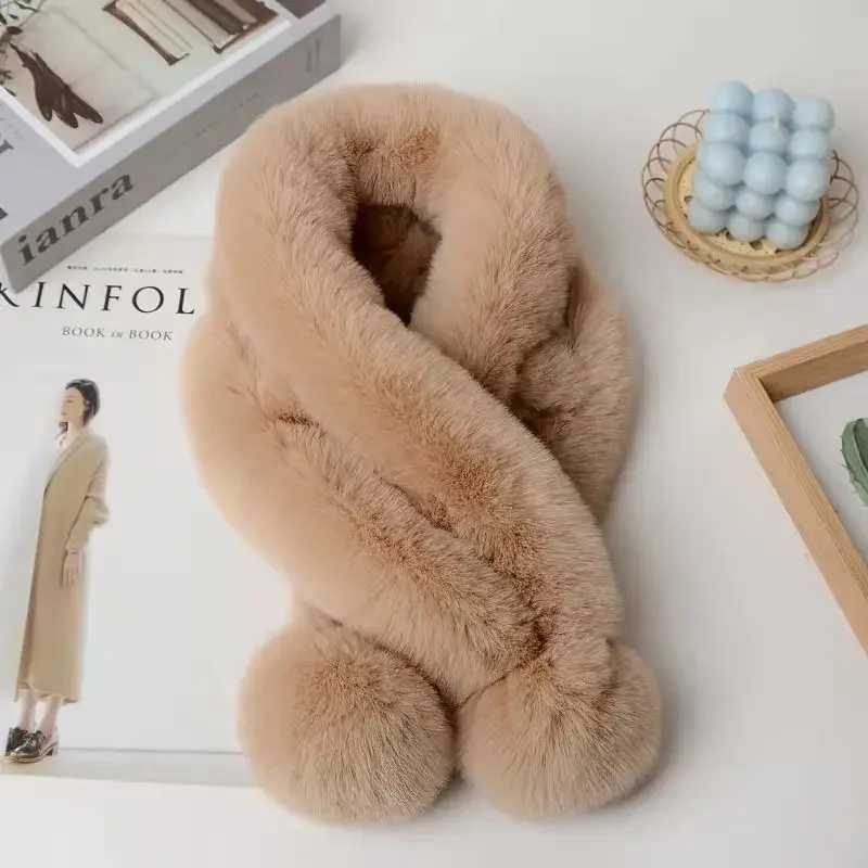 Women Fashion Autumn and Winter Newest Warm Scarf Fur Rabbit Plush Thick Scarf Solid Color Fur Ball Cross Clothes AccessoriesJ251129
