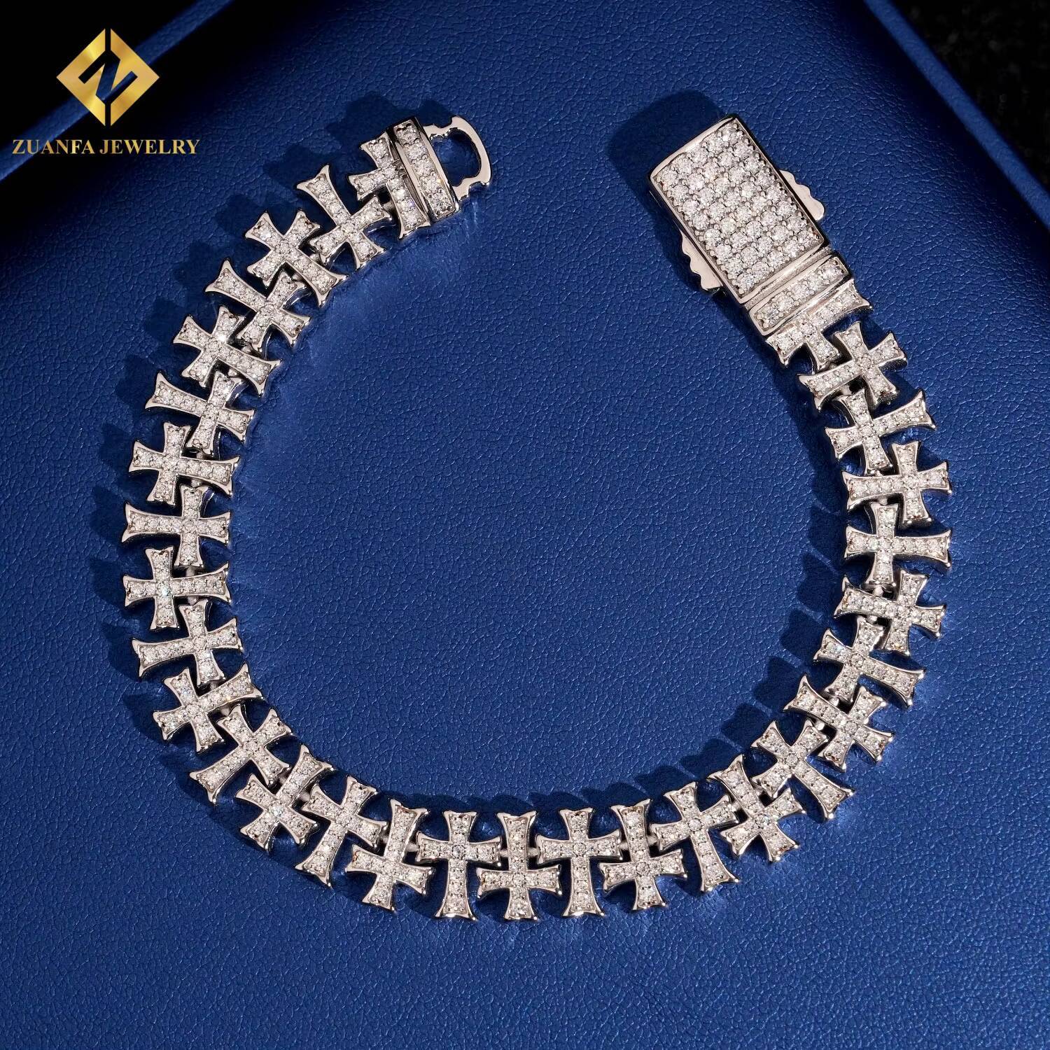 Zuanfa Jewelry Vvs Moissanite With a Cross Charms Bracelet 925 Silver Men Hip Hop Iced Out Cuban Chain for Men