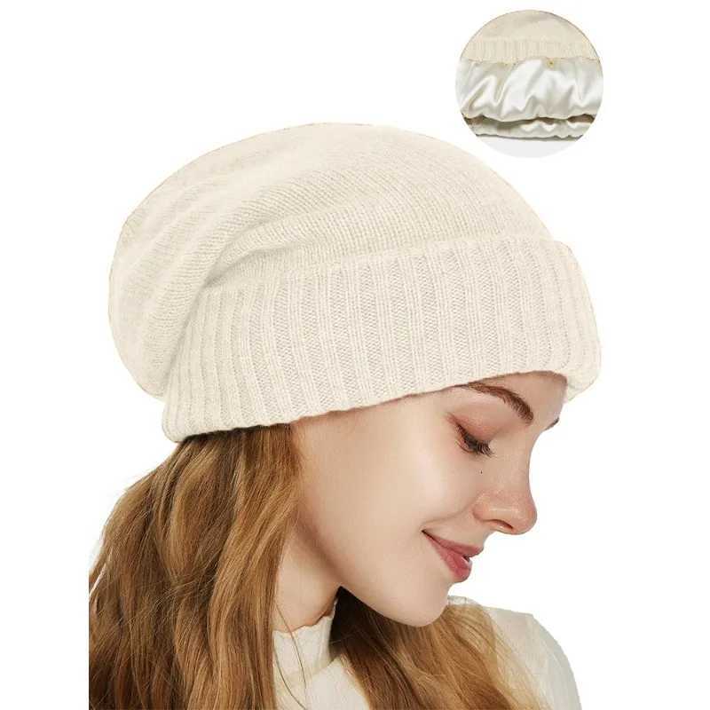 Women 100 Cashmere Beanie Hat Satin Lined Knit Slouchy Silk Lining Foldable Winter Warm Soft Bonnet Cold Weather AccessoryXJ251129