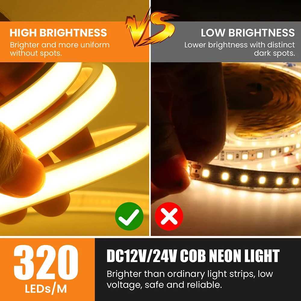 12V 24V COB LED Neon Strip Light IP68 Waterproof 320LEDs/m with 2PIN Wire DC Plug 3000K 4000K 6000K Flexible Tape Home Lighting M251129