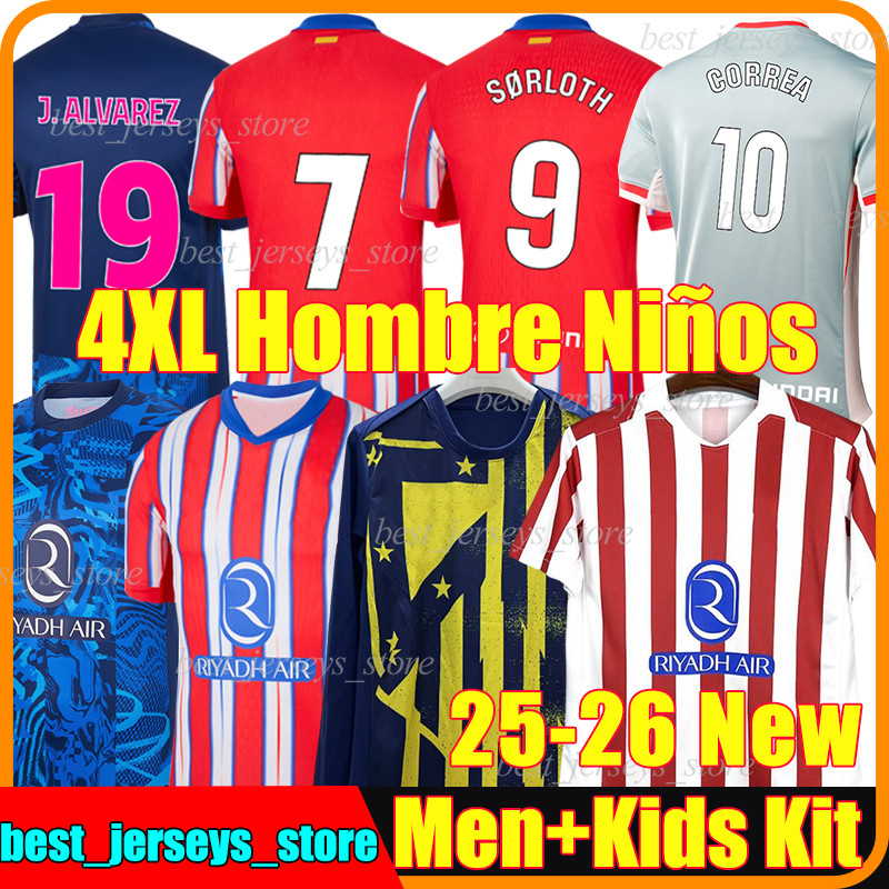 4XL 24/2025/26 J.ALVAREZ Soccer Jerseys GRIEZMANN SORLOTH CORREA KOKE M.HERMOSO M.LLORENT GIULIANO S. LINO DE PAUL AtlETicO MaDriDS OBLAK Men Kids Kit sets Football Shirt