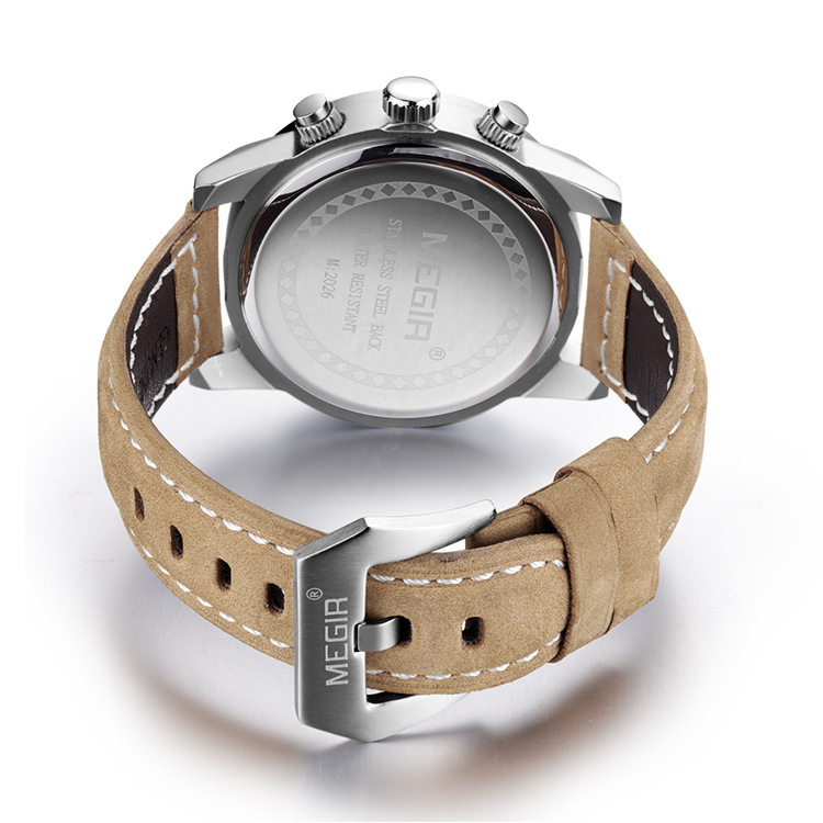 MEGIR Designer Business True Three-eye Chronograph Calendar Luminous Waterproof Sports Men's Leather Strap Watch Men's Luxury Wristwatch Fre