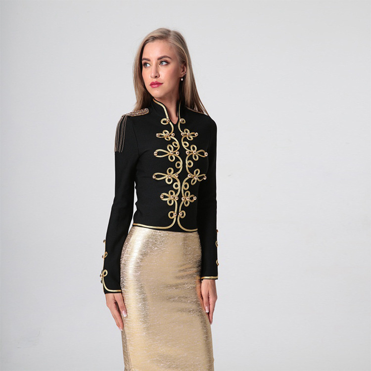 2025 Womens Autumn Winter Top Jacket with Tassels Beaded Embroidery Shoulder Patches Host Party Slim Fit Outfit 211109