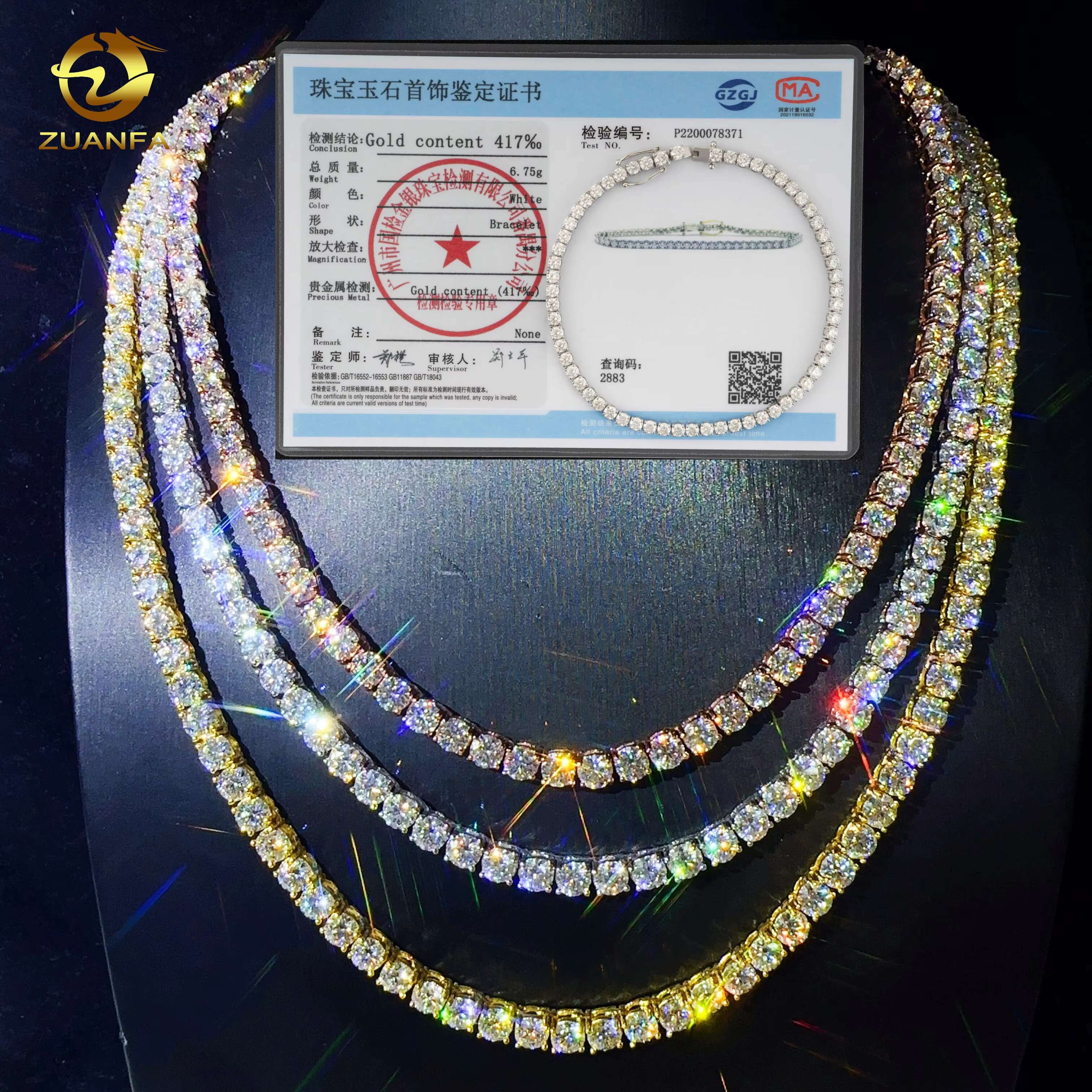 Custom Hip Hop Tennis Necklace Jewelry 925 Sterling Silver White Gold Plated 3mm Moissanite Diamond Tennis Chain