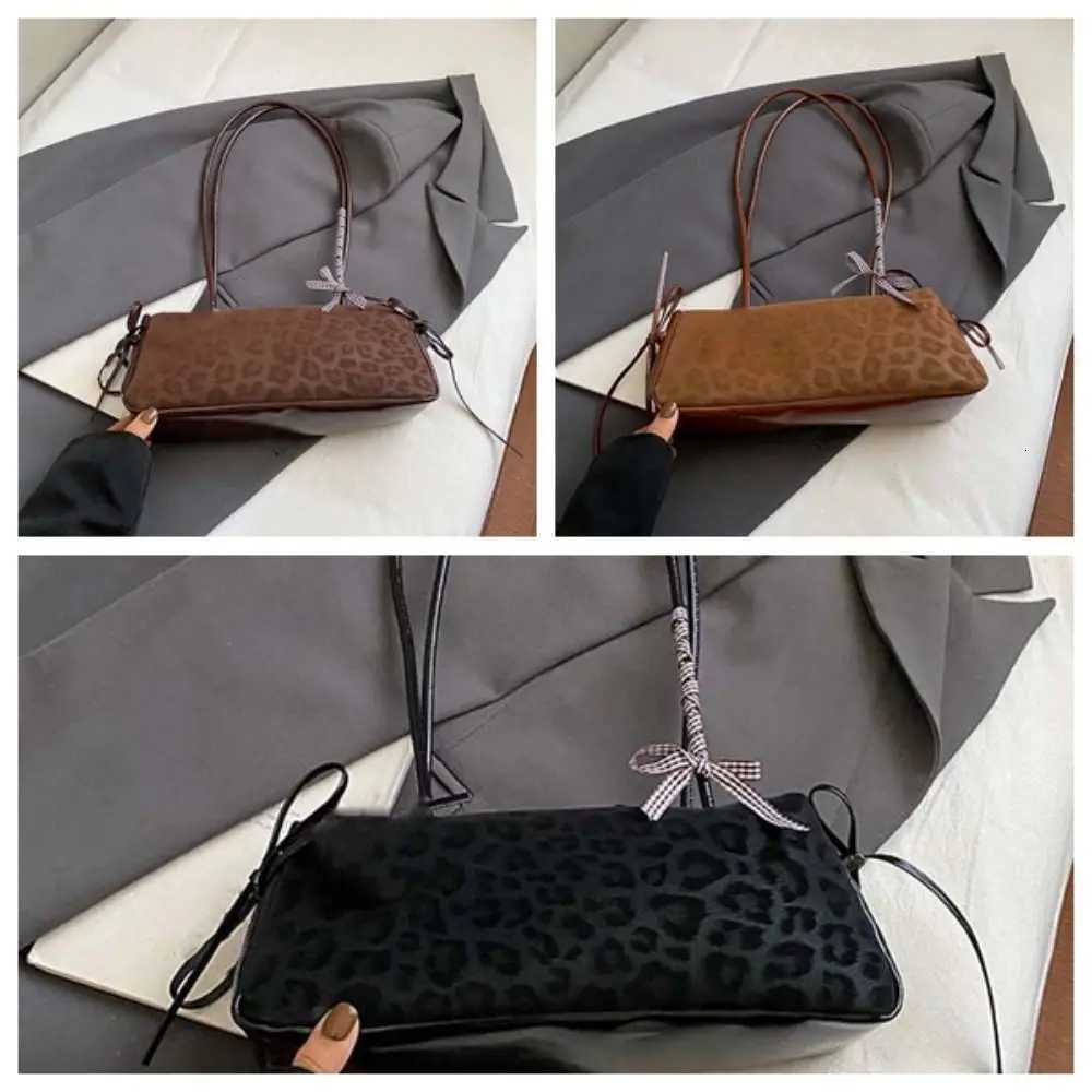 All-match Sweet French Stick Handbag Bow Ribbon Korean Style Leopard Print Underarm Bags Texture Waterproof PU Shoulder Bag Work K251128