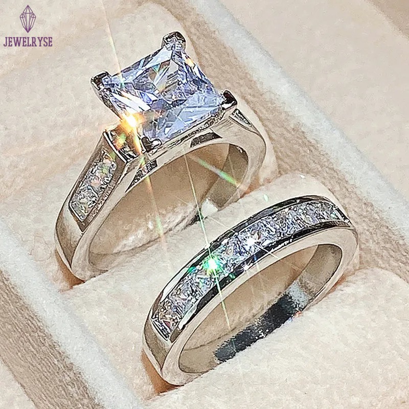 Handmade Sparkling Wedding Rings Luxury Jewelry 925 Sterling Silver Princess Cut White Topaz CZ Diamond Gemstones Party Eternity Women Bridal Ring Set