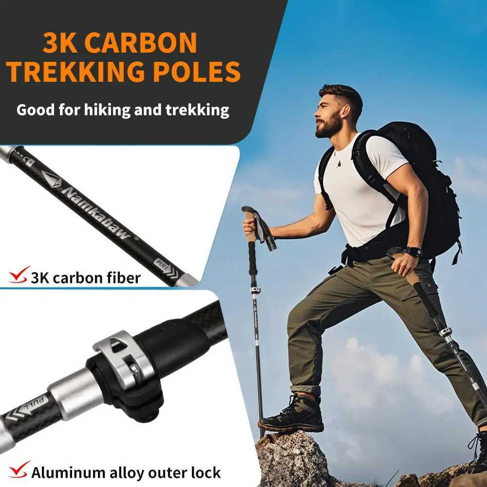 Premium 3K Carbon Fiber Ultra Light Folding Trekking Pole with External Lock for Outdoor Hiking Stick X251128