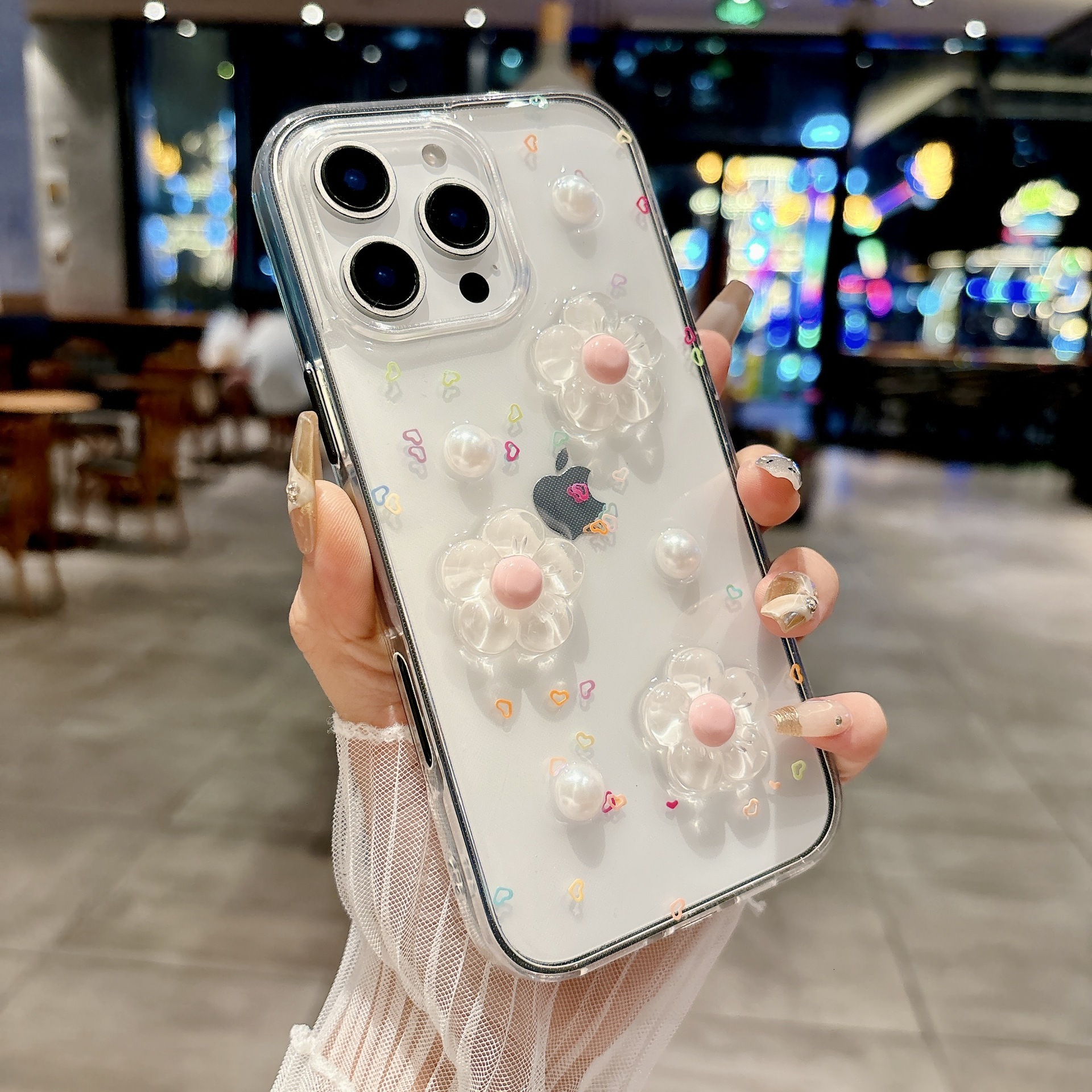 Pearl Candy Flower Phone Case Suitable for iPhone 16/15 Pro Max Transparent Resin Protective Case iPhone 14/13