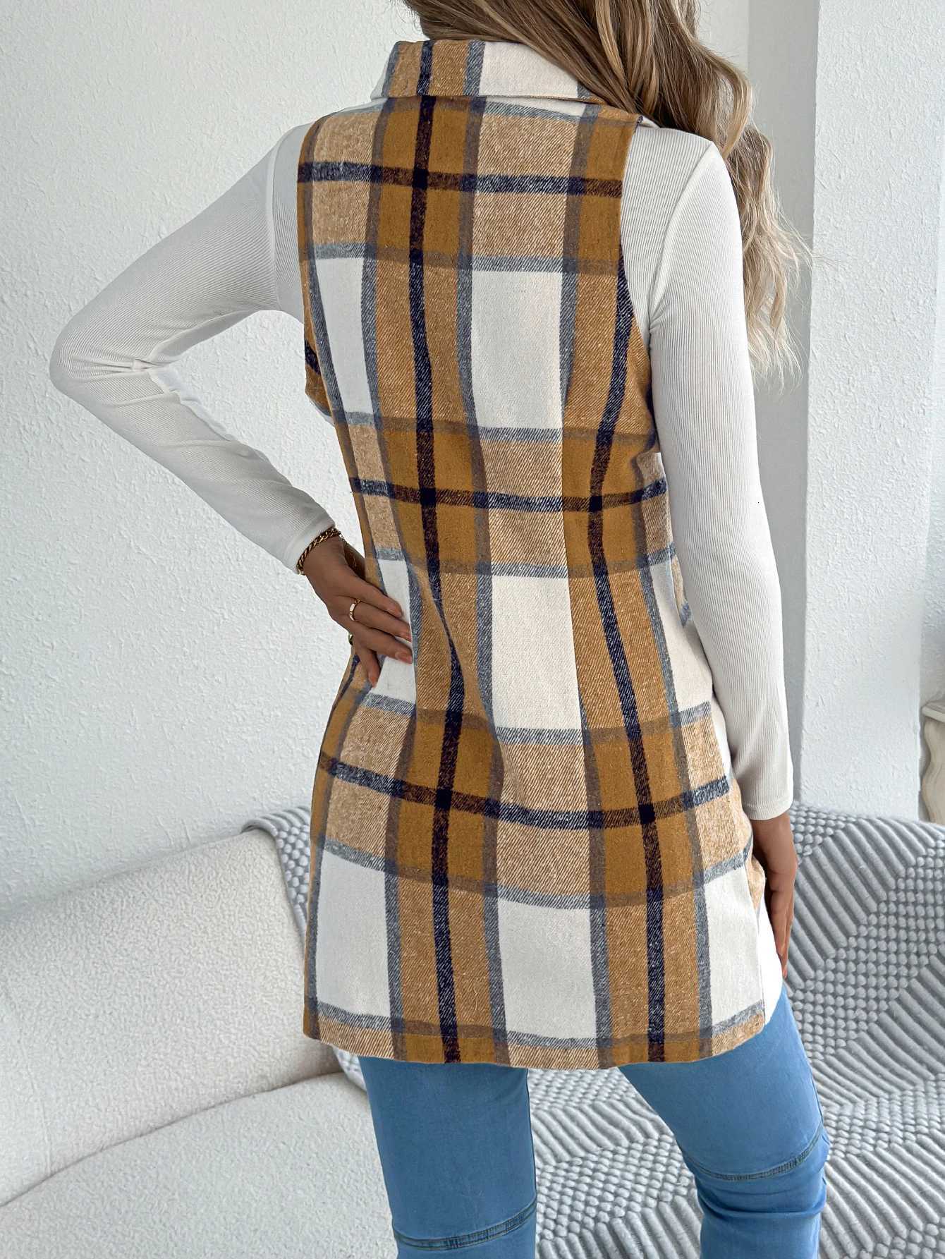 Women Blazer Lapel Double Breasted Plaid Vest Sleeveless Pocket Detail Fall Winter GetawayT251129