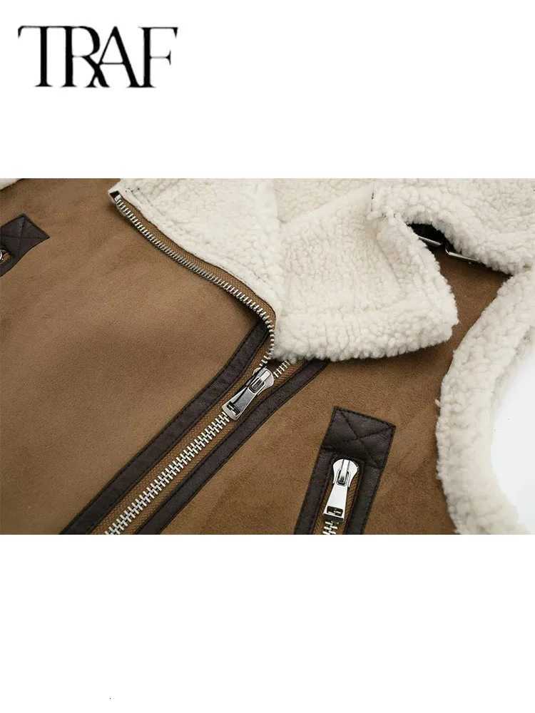 2025 Autumn Female Fashion Faux Leather Lambswool Patchwork Sleeveless Vest Jacket Thickening Warm Zip Waistcoats CoatT251129