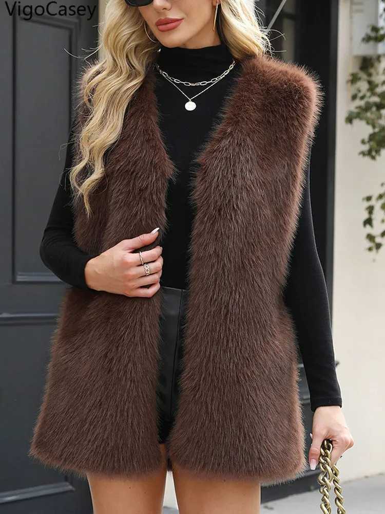 VigoCasey 2025 Autumn Winter Casual Thick Faux Fur Vest Coat Woman Sleeveless Plush Warm Waistcoat Lady Brown Fluffy Vest JacketT251129