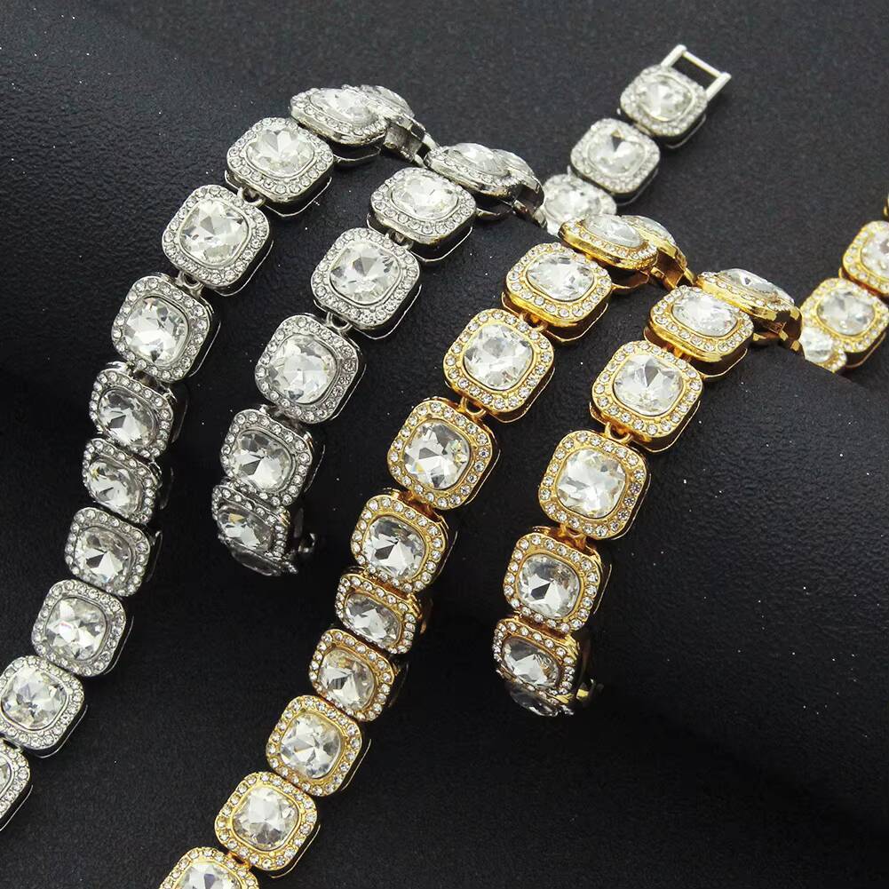 SC Fashion Hip Hop Full Square Diamond Men Necklace Bling Iced Out CZ Diamond Cuban Chain Necklace Bracelet for Men