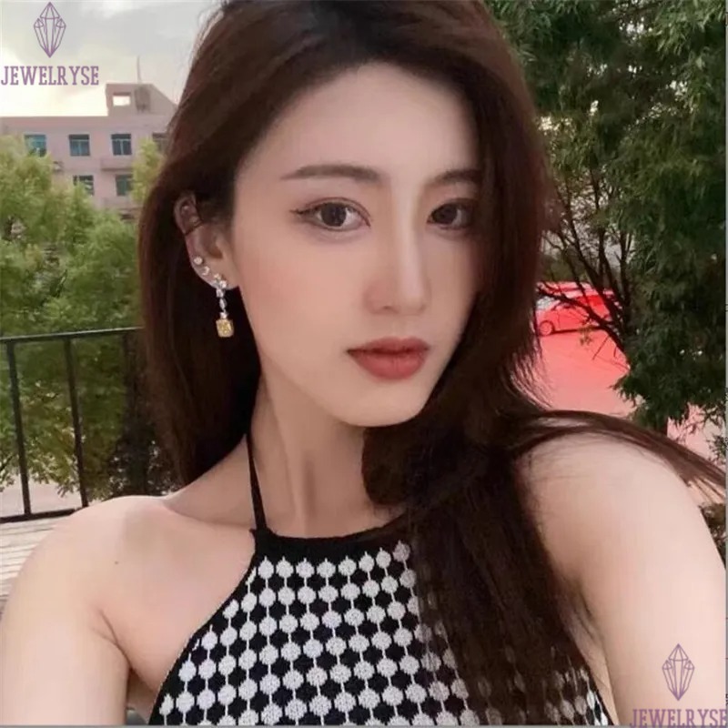 Sweet Cute Dangle Earring Luxury Jewelry 925 Sterling Silver Radiant Shape Yellow Topaz CZ Diamond Gemstones Ins Top Sell Long Chandelier Women Earrin