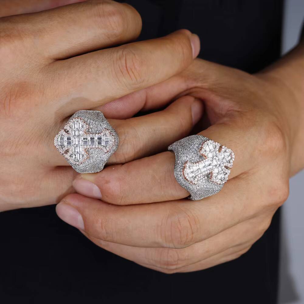 Big Heavy Two Tone Brass Classic Men Hip Hop Cross Ring Full Paved Geometric Round Square Cubic Zirconia Ring Jewelry
