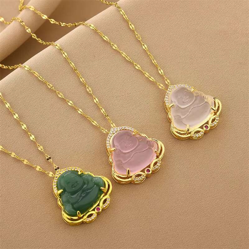 High Quality Fashion Jewelry with Stainless Steel Chain Maitreya Buddha Jade Healing Pendant Necklace for Women