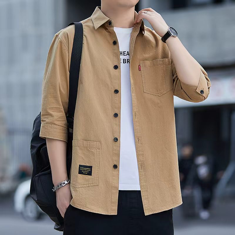 Pure cotton shirt, men's three-quarter sleeve short-sleeved pure cotton workwear, solid color loose mid-sleeved shirt