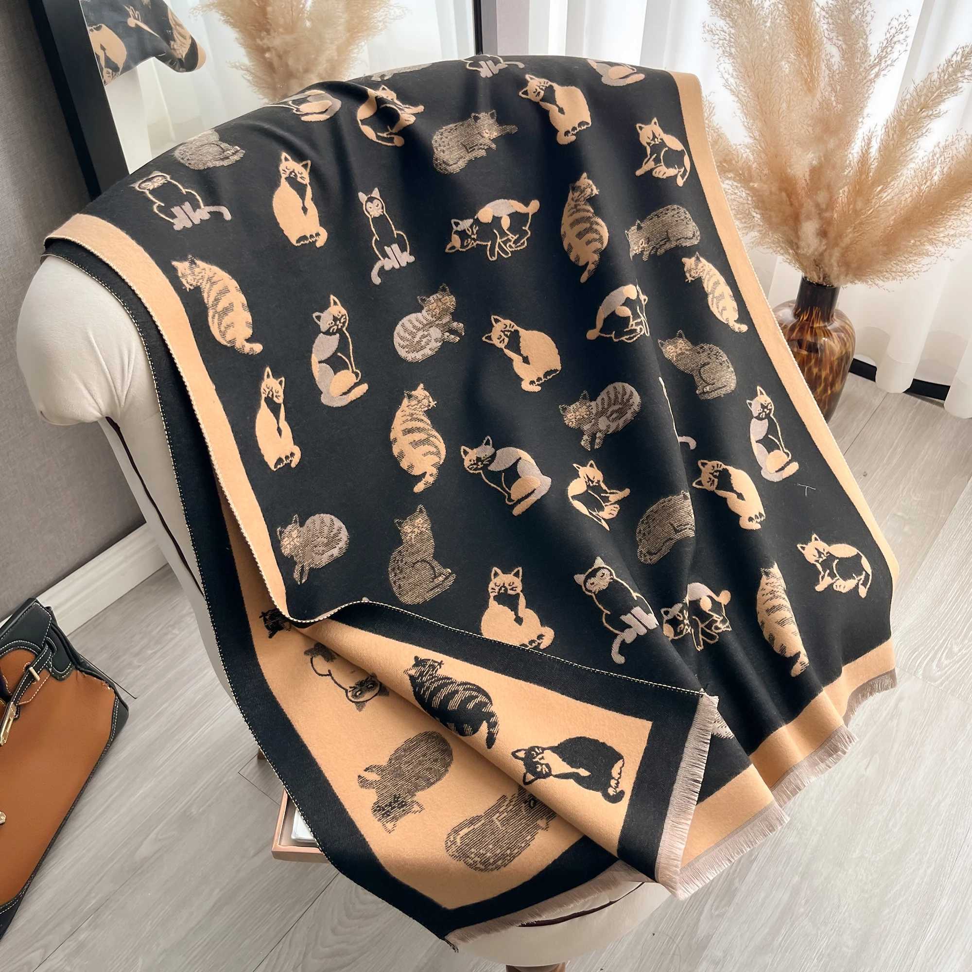 Latest Animal Jacquard Kitty Scarf Imitation Cashmere Soft Warm Fringe Shawl Autumn Winter Coldproof Windproof Blanket ScarfJ251129