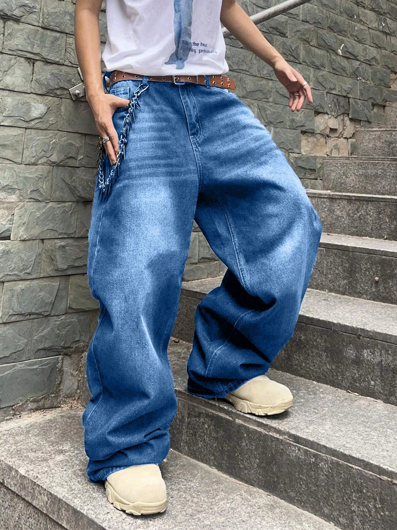 1 piece of mens loose hip-hop style denim jeans - casual streetwear washed blue strapless/decorative comfortable and fashionable 250423