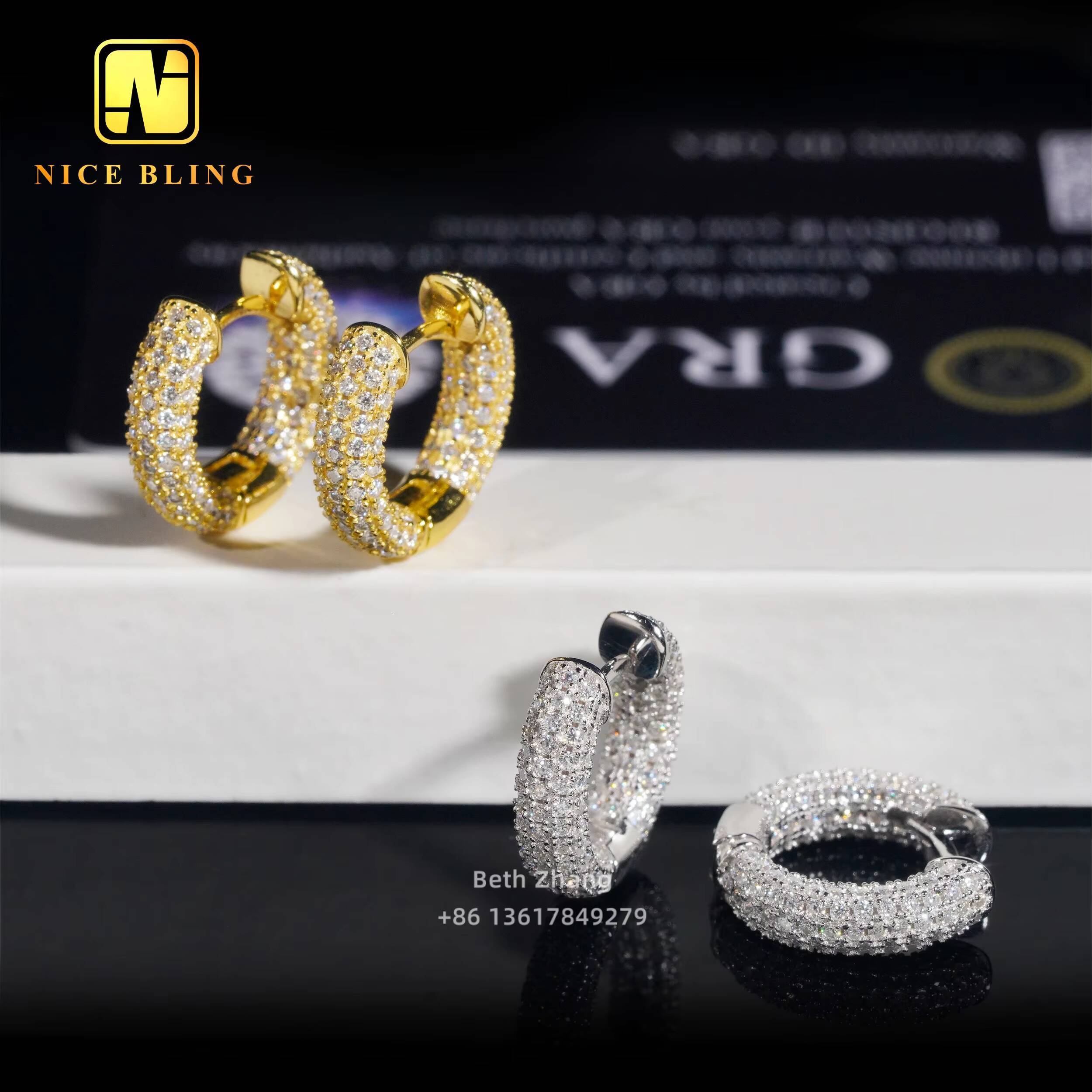 RTS Iced Out Moissanite Diamond Earrings 925 Silver Jewelry Trendy Hip Hop Hoop Ear Rings 3 Rows Diamonds for Men Women
