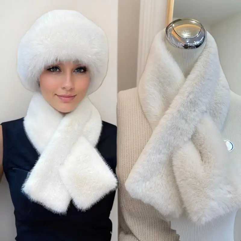 Women Winter Warm Thicken Cross Collar Scarf Imitation Faux Rabbit Fur Scarf Solid Furry Neck Warmer Cold Proof ScarvesJ251129