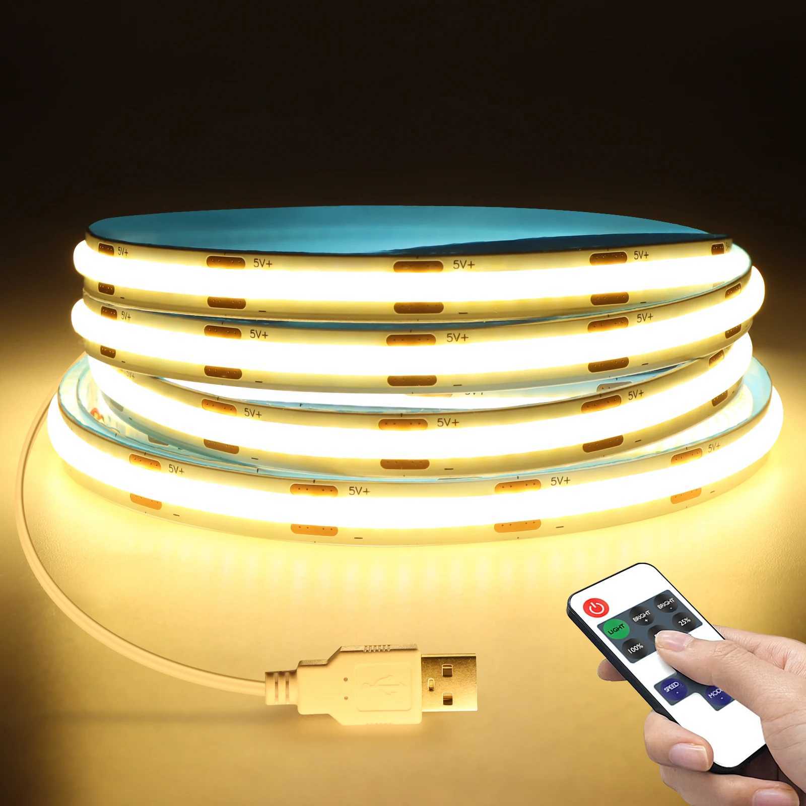 5V Dimmable COB LED Strip Light with Remote Control ON/OFF 1m 2m 3m 5m White/Warm White COB Strip Light For Indoor Home Lighting M251129