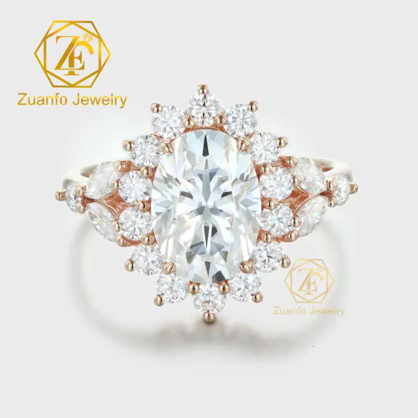 Luxury Vintage Cluster Ring 2.5 ct Oval Cut Moissanite 14K 18K Rose Gold Moissanite Ring for Engagement or Anniversary
