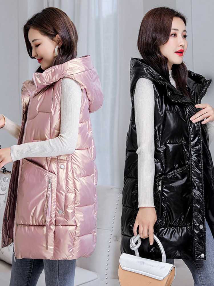 Winter New Mid-length Bright Vests Women Hooded Thick Warm Cotton Padded Sleeveless Waistcoat Coat Female Jackets Parkas VestT251129