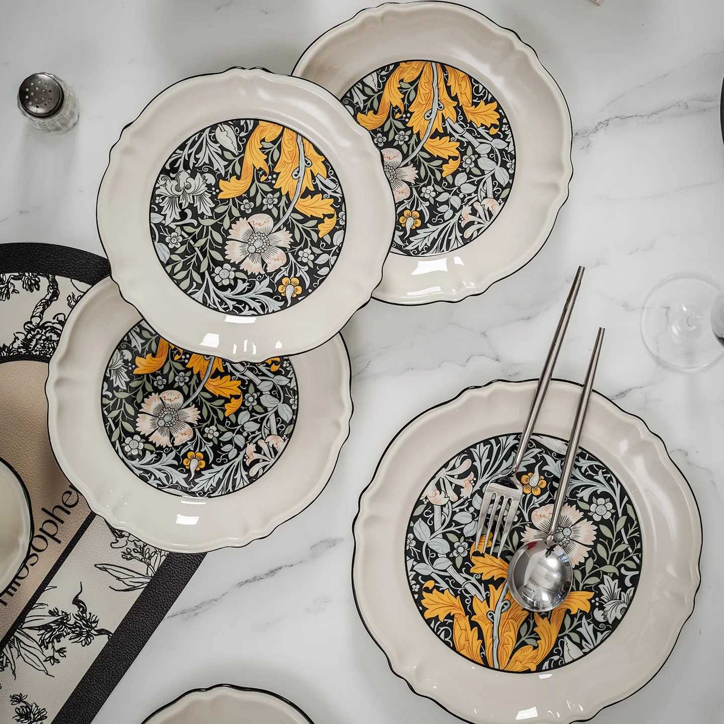 Luxury French Style Vintage Ceramic Plates Household 8 Inch High Temperature Applique Aesthetic Dinner Dish High End Kitchen Tableware Y251129