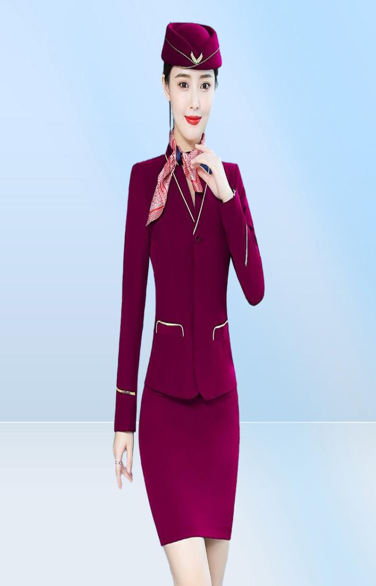 Two Piece Dress Spring Autumn Purple Blazer Set With Skirt ice Suits For Women Airline Stewardess Uniform Work Outfit Elegant 23585344