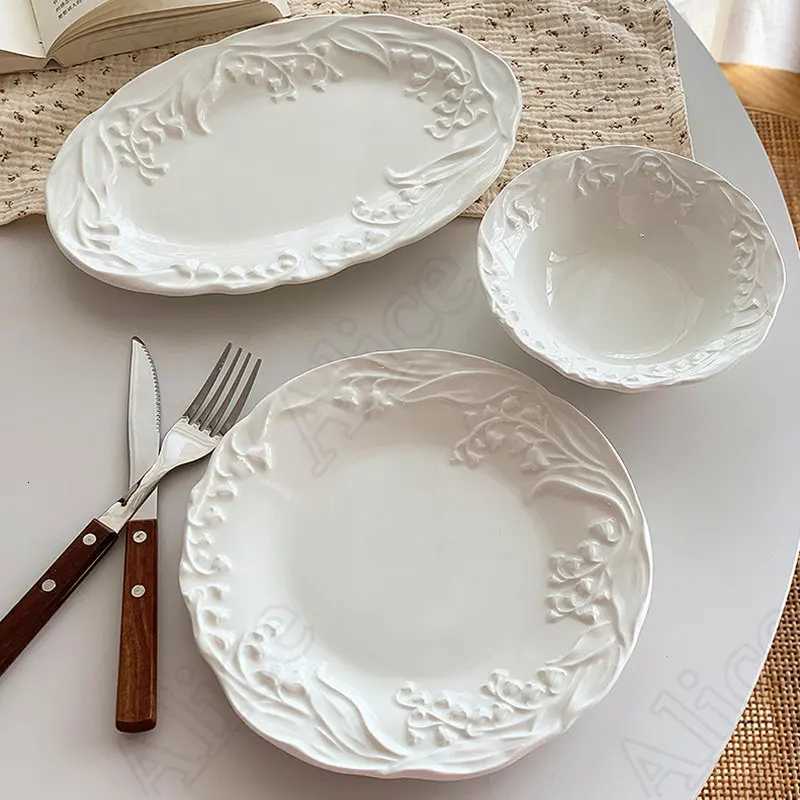 Luxury French Lily of The Valley Ceramic Plate Simple Solid Color Texture Tableware He Breakfast Bread Dessert Dinner Plates Y251129