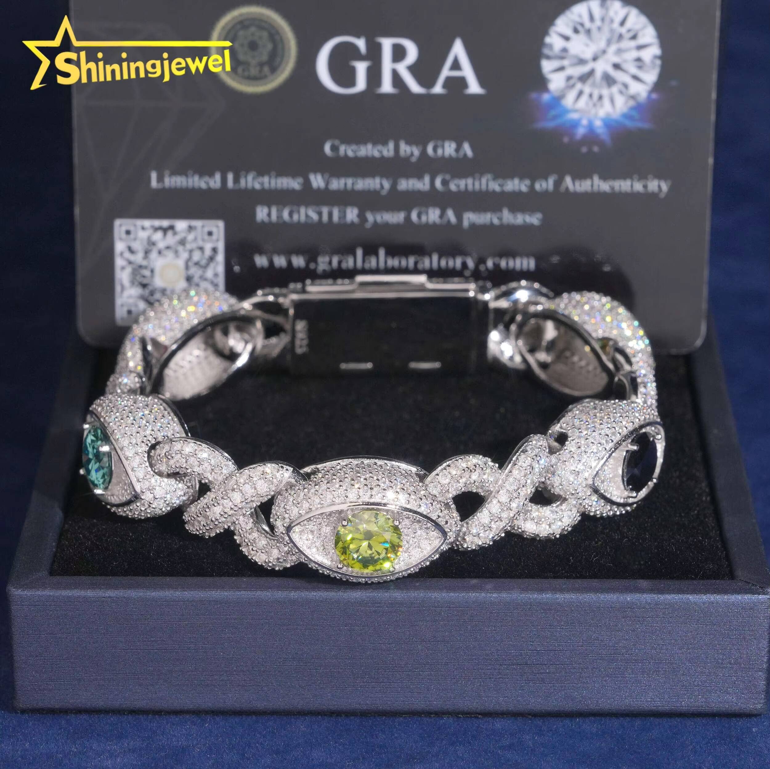 13mm Color Eye Cuban Bracelet 925 Silver Hot Sale Moissanite Diamond Miami Bracelet Hip Hop Jewelry Pass Diamond Tester