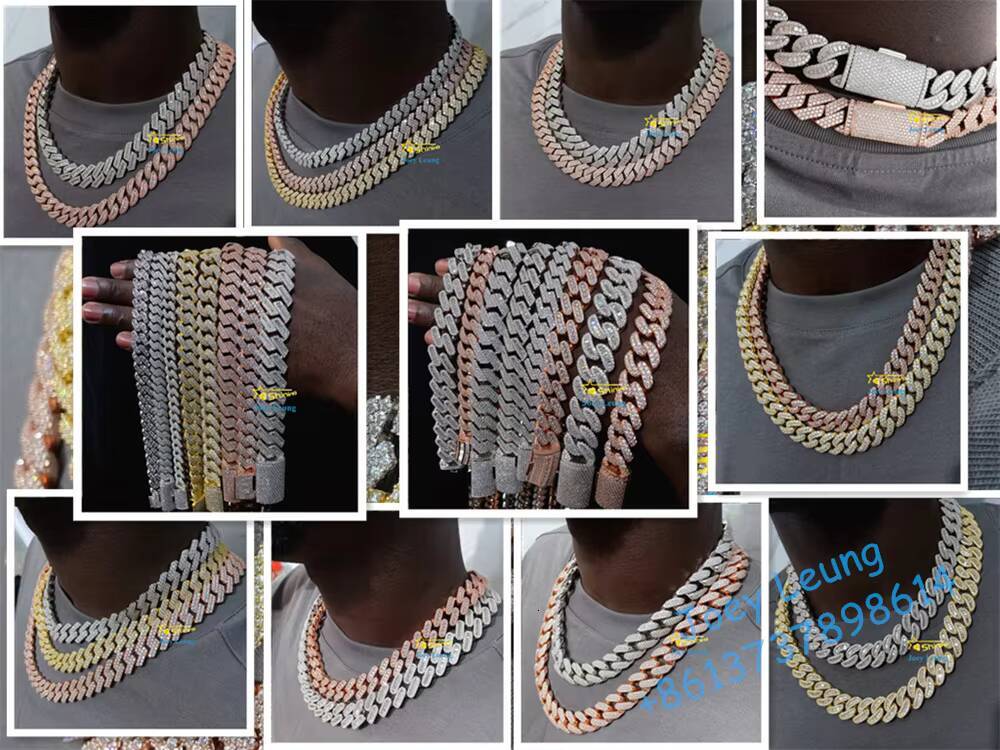 Rappers Jewelry Gold Plated 925 Silver 3 Rows 14MM 15MM 18MM 20MM Moissanite Diamond Iced Out Cuban Link Chain Hip Hop Necklace