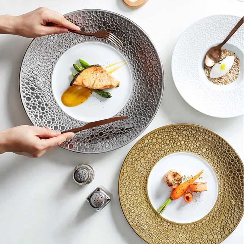 Luxury Round Gold Ceramic Dinner Plates Creative r Surface Black Dishes Soup Steak Flat Plate Household Pasta Bowl Tableware Y251129