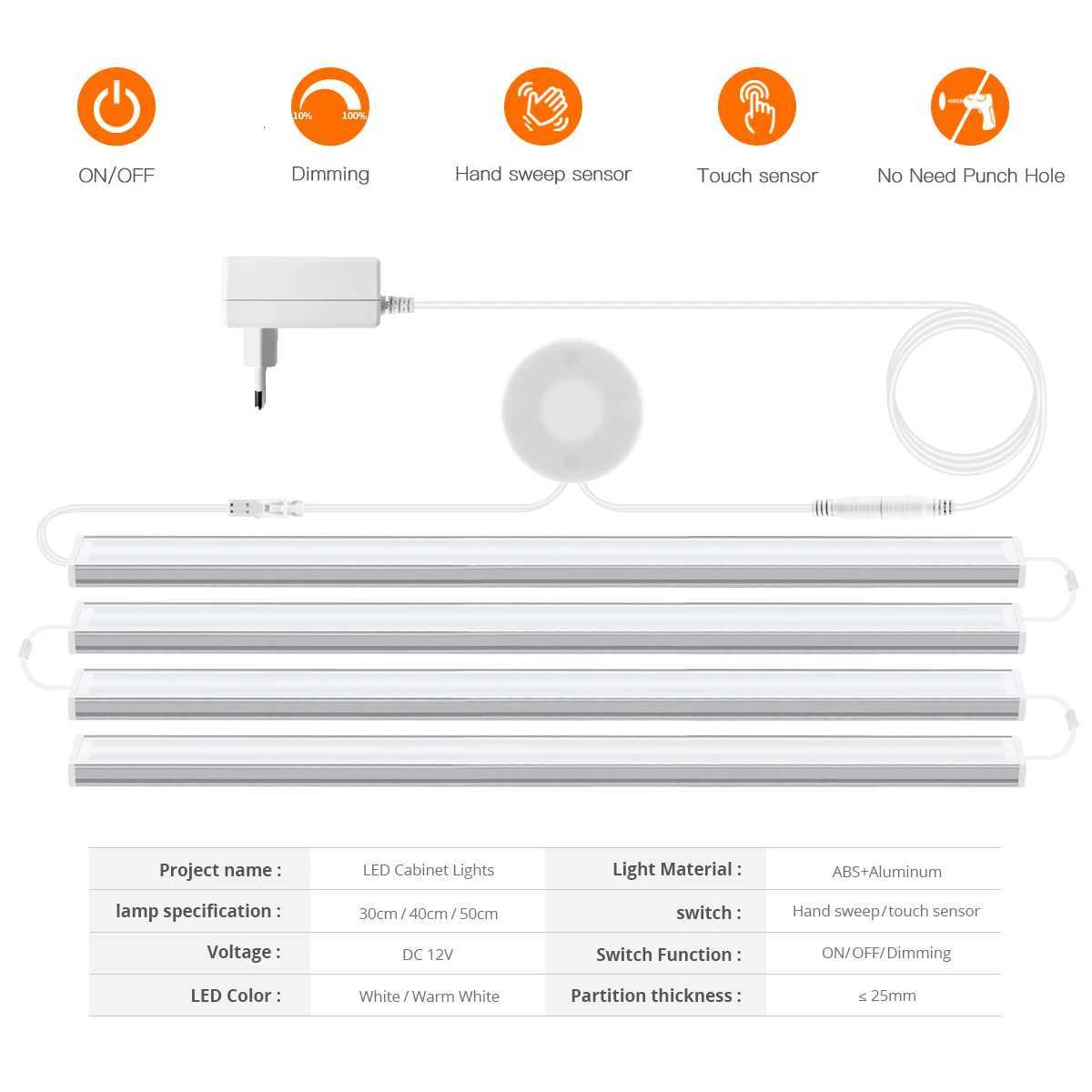1-6Pcs Kitchen LED Under Cabinet Light Penetrable Wood Hand Scan Motion Sensor Touch Switch Dimmable Bathroom Bar Night Lamp M251129