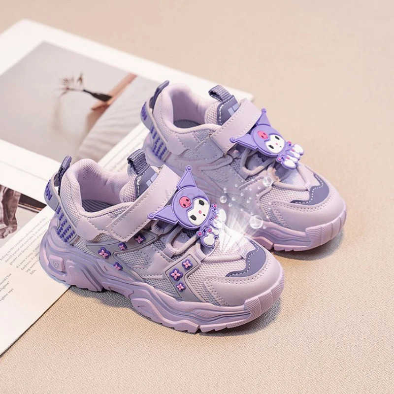 Sanrio KidsCasual Shoes Sneakers Cartoon Kuromi PU Leather Spring Shoes For Girls Anti-slip Velcro Pink Pruple Shoes Size 26-37 H251129