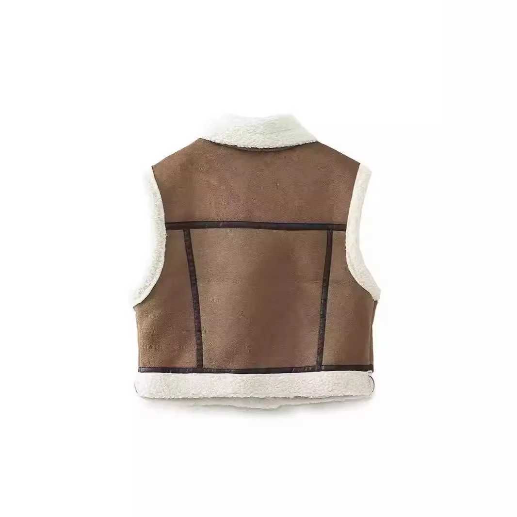 2024 Fashion Elegant Women Thickening Warm Zip Waistcoats Coat Female Faux Leather Lambswool Patchwork Sleeveless Casual VestT251129